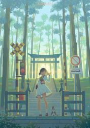 Rule 34 | 1girl, absurdres, ahoge, black hair, brown footwear, cat, commentary request, dress, flower pot, forest, highres, holding, holding flower pot, long sleeves, nature, original, outdoors, plant, potted plant, shoes, short hair, socks, solo, stairs, standing, torii, train station, white dress, white socks, x.x.d.x.c
