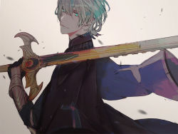 Rule 34 | 1boy, armor, black gloves, byleth (fire emblem), byleth (male) (fire emblem), closed mouth, fire emblem, fire emblem: three houses, gloves, green eyes, green hair, heroes relic (fire emblem), holding, holding sword, holding weapon, long hair, looking at viewer, nintendo, short hair, simple background, solo, sword, sword of the creator, tsukimura noe, upper body, weapon