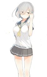 Rule 34 | 10s, 1girl, arm behind back, blue eyes, blush, breasts, eyes visible through hair, fuu fuu, grey skirt, hair ornament, hair over one eye, hairclip, hamakaze (kancolle), highres, kantai collection, large breasts, looking to the side, neckerchief, no gloves, no legwear, pleated skirt, school uniform, serafuku, short hair, short sleeves, silver hair, simple background, skirt, solo, white background, wind, yellow neckerchief