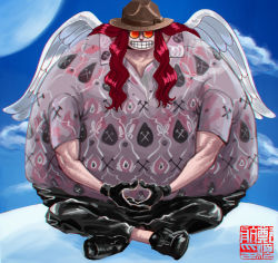 Rule 34 | 1boy, alternate costume, birkan, fat, fat man, gloves, goggles, hat, highres, long hair, male focus, muscular arms, one piece, pants, red hair, satori (one piece), shoes, sitting, sky, smile, solo, wings