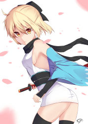 Rule 34 | 1girl, ahoge, ass, bare shoulders, blonde hair, breasts, cherry blossoms, fate/grand order, fate (series), japanese clothes, katana, koha-ace, looking at viewer, okita souji (fate), okita souji (koha-ace), ryu narb, scarf, shinsengumi, sideboob, small breasts, solo, sword, thighhighs, weapon