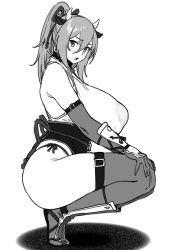 Rule 34 | 1girl, :o, ass, bare shoulders, breasts, elbow gloves, from side, full body, gloves, greyscale, hair between eyes, highres, horns, houtengeki, huge breasts, long hair, looking at viewer, monochrome, open mouth, original, ponytail, shadow, sidelocks, squatting, thighhighs, thighs