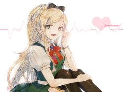 Rule 34 | 1girl, ascot, black bow, black thighhighs, blonde hair, blue eyes, bow, bracelet, braid, breasts, character name, commentary request, danganronpa (series), danganronpa 2: goodbye despair, dress, french braid, gem, green dress, green eyes, hair bow, hand up, heart, jewelry, long hair, looking at viewer, lower teeth only, open mouth, pinafore dress, ponytail, puffy short sleeves, puffy sleeves, red bow, ribbon, shirt, short hair, short sleeves, sitting, skirt, sleeveless dress, small breasts, smile, solo, sonia nevermind, teeth, thighhighs, white background, white shirt, xsinon