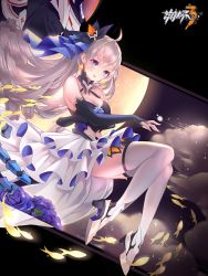 Rule 34 | 1girl, artist request, bare shoulders, black gloves, bronya zaychik, bronya zaychik (herrscher of reason), closed mouth, crown, dress, drill hair, earrings, elbow gloves, fingerless gloves, gloves, grey eyes, grey hair, highres, honkai (series), honkai impact 3rd, jewelry, long hair, looking at viewer, project bunny, sleeveless, sleeveless dress, smile, solo, thighhighs, twin drills, white dress, white footwear, white thighhighs