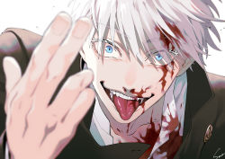 Rule 34 | 1boy, black jacket, blood, blood on clothes, blood on face, blue eyes, collarbone, colored eyelashes, eyelashes, eyes visible through hair, gojou satoru, hair between eyes, hand up, highres, jacket, jujutsu kaisen, looking at viewer, male focus, open mouth, shirt, short hair, simple background, smile, solo, teeth, tongue, tongue out, upper body, white background, white hair, white shirt, yanase seno