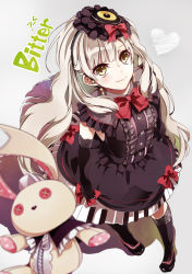 Rule 34 | 1girl, dress, elbow gloves, english text, from above, gloves, hairband, hatsuko, heart, long hair, looking up, mayu (vocaloid), silver hair, smile, solo, stuffed animal, stuffed rabbit, stuffed toy, usano mimi, vocaloid, yellow eyes