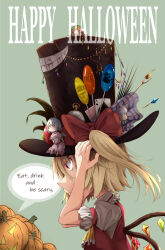 Rule 34 | 1girl, ace (playing card), alternate headwear, ascot, black headwear, blonde hair, bow, breasts, card, character doll, closed mouth, english text, flandre scarlet, frilled ascot, frills, from side, green background, halloween, hat, hat bow, hat ribbon, highres, izayoi sakuya, large hat, mahimaru, medium hair, multicolored wings, one side up, playing card, pocket watch, puffy short sleeves, puffy sleeves, pumpkin, red bow, red ribbon, red vest, remilia scarlet, ribbon, shirt, short sleeves, sleeve ribbon, small breasts, solo focus, speech bubble, top hat, touhou, trick or treat, upper body, vest, watch, white shirt, wings, yellow ascot