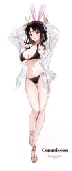 1girl absurdres animal_ears armpits arms_up bare_legs bare_shoulders bikini black_bikini black_hair bow breasts cccc2445 cleavage commentary_request commission double_v earrings facial_mark full_body hair_bow halterneck highres jacket jewelry korean_commentary large_breasts long_hair long_sleeves looking_at_viewer lost_ark nail_polish navel o-ring o-ring_bikini o-ring_top off_shoulder open_clothes open_jacket open_mouth original rabbit_ears red_eyes ring sandals see-through see-through_jacket simple_background smile solo standing stomach string_bikini swimsuit thighs v white_background white_jacket