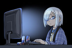 Rule 34 | 1girl, aka ringo, black legwear, blue eyes, can, commentary request, energy drink, hair ornament, hair over one eye, hairclip, hamakaze (kancolle), hanten (clothes), kantai collection, keyboard (computer), monitor, neckerchief, pleated skirt, red bull, short hair, skirt, solo, upper body, white hair, yellow neckerchief