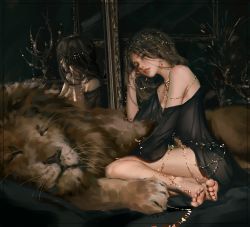 Rule 34 | 1girl, black dress, blue eyes, breasts, dress, earrings, ghostblade, hair ornament, hand on own face, highres, jewelry, lion, long hair, looking at viewer, mirror, princess aeolian, realistic, reflection, see-through, wlop