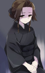 Rule 34 | 10s, 1girl, alternate hairstyle, closed mouth, crying, crying with eyes open, frown, grey background, hair bun, hand on lap, japanese clothes, jintsuu (kancolle), kantai collection, kimono, long sleeves, looking down, obi, plum (arch), sad, sash, shaded face, short hair, simple background, single hair bun, sitting, solo, tears