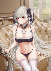 Rule 34 | 1girl, azur lane, bare arms, bare shoulders, black bra, black nails, black panties, bra, breasts, closed mouth, collarbone, couch, ddsssaaa, detached collar, formidable (azur lane), gothic lolita, grey hair, hair ribbon, highres, indoors, lace, lace-trimmed legwear, lace trim, large breasts, lolita fashion, long hair, looking at viewer, nail polish, navel, panties, red eyes, ribbon, sitting, skindentation, smile, solo, stomach, thighhighs, twintails, underwear, underwear only, very long hair, white thighhighs, window