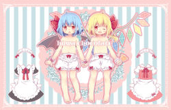 Rule 34 | 2girls, ahoge, aogiri sei, apron, barefoot, bat wings, blonde hair, bloomers, blue hair, blush, border, bow, bow bloomers, candy, convenient censoring, flandre scarlet, food, full body, hair ribbon, holding hands, lollipop, looking at viewer, maid headdress, multiple girls, one eye closed, puffy short sleeves, puffy sleeves, red bow, red eyes, red ribbon, remilia scarlet, ribbon, short hair, short sleeves, side ponytail, standing, striped, striped background, topless, touhou, underwear, underwear only, white bloomers, wings, wrist cuffs
