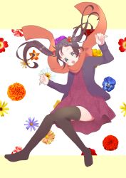 Rule 34 | 1girl, :o, absurdres, arm up, beige background, blue eyes, blue flower, blue pansy, blush, brown hair, brown thighhighs, commentary request, dress, fingernails, flower, forehead, full body, hair ornament, hand up, highres, hiroshi (jasinloki), jacket, long hair, long sleeves, looking at viewer, no shoes, open clothes, open jacket, open mouth, orange scarf, original, pansy, purple flower, purple jacket, red dress, red flower, red rose, rose, scarf, solo, thighhighs, twintails, two-tone background, unmoving pattern, very long hair, white background, white flower, yellow flower