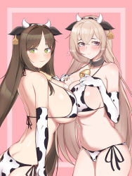 Rule 34 | 2girls, absurdres, alternate costume, animal ears, animal print, arm at side, ass, bare shoulders, between breasts, bikini, black survival, blonde hair, blush, bottle, breast press, breasts, brown hair, character name, cleavage, closed mouth, clover-shaped pupils, collar, collarbone, cow ears, cow horns, cow print, cow print bikini, cow print gloves, cowbell, cowboy shot, dimples of venus, ear tag, elbow gloves, embarrassed, eva (black survival), fake animal ears, fake horns, female focus, flying sweatdrops, gloves, green eyes, groin, gweon sua, hair between eyes, hair intakes, halterneck, hand on own chest, hands on own chest, highres, horns, kisa (leg3043), large breasts, long hair, looking at viewer, metal collar, micro bikini, milk bottle, mole, mole on breast, multiple girls, navel, nervous, parted bangs, parted hair, pink background, print bikini, print gloves, purple eyes, sideboob, sidelocks, simple background, smile, standing, string bikini, swimsuit, symbol-shaped pupils, symmetrical docking, take your pick, thighs, typo, very long hair