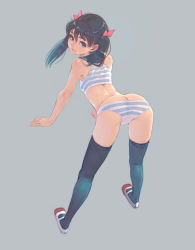 Rule 34 | 1girl, ass, bent over, black hair, black thighhighs, blue panties, bow, butt crack, from behind, full body, hair bow, hair ribbon, original, panties, ribbon, shoes, simple background, solo, striped clothes, striped panties, thighhighs, twintails, underwear, uwabaki, weno, white panties