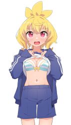 Rule 34 | 1girl, blonde hair, blue jacket, blue shorts, blush, borrowed character, bow, bow bra, bra, breasts, cleavage, clothes lift, copyright request, gym shirt, gym shorts, gym uniform, hair between eyes, hands up, highres, jacket, lifting own clothes, long sleeves, medium breasts, navel, open clothes, open jacket, open mouth, owasaki, puffy long sleeves, puffy sleeves, red eyes, shirt, shirt lift, shorts, simple background, sleeves past wrists, solo, standing, striped bra, striped clothes, teeth, track jacket, underwear, upper teeth only, white background, white shirt