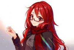 Rule 34 | 1girl, artist name, black-framed eyewear, black jacket, blush, borrowed character, closed mouth, commission, glasses, gradient background, grey shirt, hand up, hyanna-natsu, jacket, long hair, long sleeves, looking at viewer, open clothes, open jacket, original, red eyes, red hair, red scarf, scarf, semi-rimless eyewear, shirt, smile, solo, tareme, under-rim eyewear