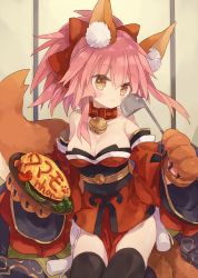 Rule 34 | 1girl, :3, animal ears, animal hands, bell, black thighhighs, blush, breasts, cleavage, collar, commentary request, detached sleeves, fate/grand order, fate (series), food, fox ears, fox tail, hair between eyes, hair ribbon, holding, holding food, indoors, ketchup, ladle, large breasts, long hair, looking at viewer, neck bell, omelet, omurice, phoenix0, pink hair, plate, ribbon, sitting, sleeveless, solo, tail, tamamo (fate), tamamo cat (fate), tamamo cat (first ascension) (fate), tamamo no mae (fate/extra), thighhighs, wariza, wide sleeves, yellow eyes