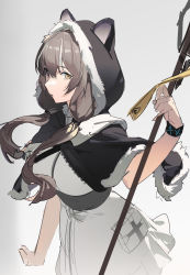 Rule 34 | 1girl, absurdres, arknights, brown hair, capelet, dress, ears through headwear, fur trim, hair between eyes, highres, hood, infection monitor (arknights), simple background, sketch, solo, staff, twintails, white background, wristband, yellow eyes, yeyuanqianqianqian