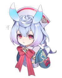 Rule 34 | 1girl, animal ears, apron, blue dress, blue gemstone, blue hair, bow, bowtie, buttons, commentary request, dress, ebibi chiriri, gem, genshin impact, gold trim, gradient hair, hair between eyes, hair ornament, hat, heart, heart print, long hair, long sleeves, looking at viewer, low twintails, multicolored hair, open mouth, pink bow, pink bowtie, pink eyes, pom pom (clothes), pom pom hair ornament, purple hair, rabbit ears, rabbit girl, sigewinne (genshin impact), simple background, solo, striped bow, striped bowtie, striped clothes, teeth, tongue, twintails, upper body, white apron, white background, white hat