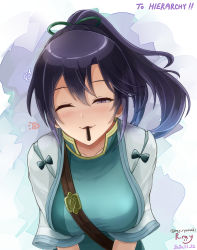 Rule 34 | 1girl, artist name, black hair, blush, breasts, candy, character name, chocolate, collarbone, commission, fir (fire emblem), fire emblem, fire emblem: the binding blade, food, food in mouth, heart, highres, holding, holding food, long hair, medium breasts, mouth hold, nintendo, one eye closed, pocky, ponytail, pov, purple eyes, ryuusaki rei, simple background, skeb commission, smile, solo, twitter username