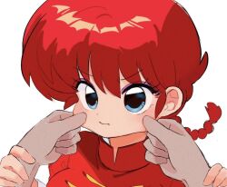 Rule 34 | 1girl, 1other, blue eyes, braid, braided ponytail, breasts, cheek pinching, closed mouth, hair between eyes, hands on another&#039;s wrists, medium breasts, pinching, ranma-chan, ranma 1/2, red hair, sanamaru (sana79261827), simple background, white background
