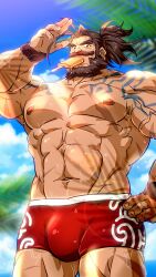 Rule 34 | 1boy, abs, absurdres, bara, beach, beard, blue sky, brown hair, bulge, character request, copyright request, facial hair, feet out of frame, forked eyebrows, hand up, high ponytail, highres, konohanaya, large pectorals, long mustache, looking at viewer, male focus, male swimwear, mature male, muscular, muscular male, navel, nipples, pectorals, red male swimwear, short hair, shoulder tattoo, sky, solo, sunlight, swim briefs, tattoo, thick eyebrows, thick thighs, thighs, wet