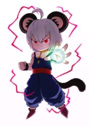 Rule 34 | 1girl, absurdres, ahoge, angry, animal ear fluff, animal ears, boots, brown footwear, clenched hand, clenched teeth, commentary request, cookie (touhou), cosplay, dragon ball, dragonball z, energy ball, flat chest, full body, grey hair, highres, jewelry, looking at viewer, medium bangs, mouse ears, mouse girl, mouse tail, nazrin, nyon (cookie), parody, pendant, red eyes, red lightning, red sash, sash, scratches, short hair, simple background, sleeveless, solo, son gohan, son gohan (cosplay), style parody, tail, tatamaru5382, teeth, toriyama akira (style), touhou, v-shaped eyebrows, white background