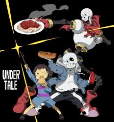 Rule 34 | 1other, 2boys, ;), = =, androgynous, arm up, black background, black shorts, blush stickers, brothers, brown hair, closed eyes, commentary, copyright name, eating, english commentary, food, frisk (undertale), gloves, highres, holding, holding food, holding plate, holding stick, hood, hood down, hoodie, hot dog, kamezaemon, ketchup bottle, legs apart, looking at viewer, multiple boys, one eye closed, open clothes, open hoodie, open mouth, papyrus (undertale), pasta, pie, plate, red footwear, red gloves, red scarf, sans (undertale), scarf, shirt, shorts, siblings, simple background, single vertical stripe, skeleton, slippers, smile, spaghetti, standing, stick, striped, teeth, undertale, white shirt