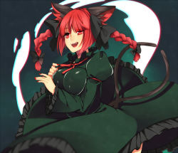 Rule 34 | 1girl, :d, animal ears, braid, cat ears, cat tail, chromatic aberration, eyes visible through hair, juliet sleeves, kaenbyou rin, long hair, long sleeves, looking at viewer, multiple tails, nail polish, nekomata, open mouth, puffy sleeves, red eyes, red hair, red nails, simple background, slit pupils, smile, solo, tail, teeth, tomo asa (confetto-o), touhou, twin braids, twintails, two tails