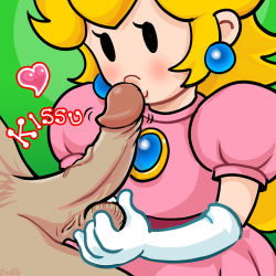 Rule 34 | 1girl, bishopbb, black eyes, blank eyes, blonde hair, blush, brooch, caressing testicles, clothed female nude male, dress, earrings, elbow gloves, erection, eyelashes, gloves, green background, heart, highres, jewelry, kissing penis, large penis, lips, long hair, looking at penis, mario (series), nintendo, no nose, nude, oral, out of frame, paper mario, penis, pink dress, princess peach, puckered lips, puffy short sleeves, puffy sleeves, romaji text, short sleeves, sidelocks, solo focus, testicles, twitching penis, uncensored, white gloves