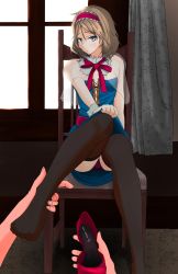 Rule 34 | akiyama cz4a, alice margatroid, black thighhighs, blonde hair, blue eyes, dress, artistic error, feet, holding with feet, hairband, hand on foot, highres, holding, holding shoes, looking at viewer, panties, pantyshot, shoes, short hair, sitting, solo, solo focus, thighhighs, touhou, underwear