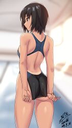 1girl absurdres adjusting_clothes adjusting_swimsuit amagami arms_behind_back ass bare_arms bare_shoulders black_hair black_one-piece_swimsuit blue_one-piece_swimsuit blurry blurry_background breasts brown_eyes closed_mouth commentary competition_swimsuit cowboy_shot dated from_behind highleg highleg_one-piece_swimsuit highres looking_to_the_side medium_breasts nanasaki_ai one-piece_swimsuit one-piece_tan profile short_hair signature solo standing swimsuit tan tanline two-tone_swimsuit yoo_tenchi