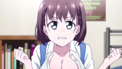 Rule 34 | 1girl, ai-chan (tawawa), animated, animated gif, blouse, blush, bouncing breasts, breasts, brown hair, bursting breasts, cleavage, covering privates, covering breasts, getsuyoubi no tawawa, green eyes, large breasts, no bra, open clothes, open mouth, open shirt, shirt, solo, surprised