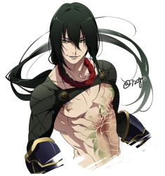 Rule 34 | 1672, 1boy, bare pectorals, black hair, chest tattoo, collarbone, fate/grand order, fate (series), green eyes, long hair, male focus, multiple boys, nagatekkou, pectorals, ponytail, smile, tattoo, toned, toned male, upper body, yan qing (fate)