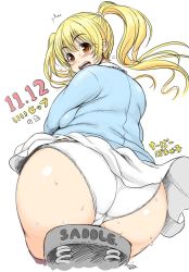 Rule 34 | 1girl, ass, backboob, blonde hair, blush, breasts, huge ass, large breasts, nitroplus, open mouth, orange eyes, panties, plump, skirt, smile, solo, super pochaco, thick thighs, thighs, tsuji santa, twintails, underwear, white panties, wide hips