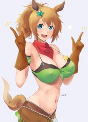 Rule 34 | 1girl, absurdres, animal ears, armband, bare shoulders, blue eyes, breasts, brown hair, gloves, green armband, hair ornament, highres, horse ears, horse girl, horse tail, kasumi saika, large breasts, long hair, looking at viewer, navel, open mouth, ponytail, skirt, smile, solo, star (symbol), star hair ornament, taiki shuttle (umamusume), tail, umamusume