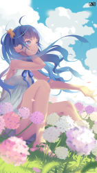 Rule 34 | 1girl, absurdres, ai-chan (playstation), artist request, bare legs, barefoot, blue eyes, blue hair, blurry, cloud, cloudy sky, day, depth of field, floating hair, flower, game console, hair ornament, hand to head, highres, long hair, matching hair/eyes, outdoors, parted lips, petals, sky, sleeveless, solo, vofan
