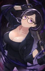 Rule 34 | 1girl, absurdres, black-framed eyewear, black gloves, black hair, black jacket, black pants, black shirt, breasts, cleavage, closed mouth, collarbone, commentary, cowboy shot, glasses, gloves, hammer, highres, holding, holding hammer, holding weapon, jacket, large breasts, long hair, looking at viewer, minakata hizuru, mole, mole under mouth, nuebunny, open clothes, open jacket, pants, ponytail, purple eyes, shirt, sledgehammer, solo, standing, summertime render, weapon