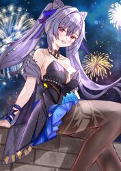 1girl bare_shoulders breasts cleavage dress genshin_impact highres keqing_(genshin_impact) keqing_(opulent_splendor)_(genshin_impact) looking_at_viewer mitsu336 open_mouth purple_eyes smile solo twintails