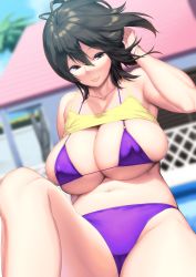 Rule 34 | 1girl, bare shoulders, bikini, black hair, blurry, blurry background, blush, breasts, brown eyes, camisole, cleavage, closed mouth, clothes lift, collarbone, hair between eyes, hakai shin, hand in own hair, highres, knee up, large breasts, looking at viewer, original, purple bikini, shirt lift, short hair, sitting, smile, solo, swimsuit, thighs, yellow camisole