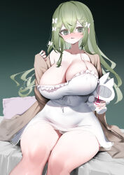 Rule 34 | 1girl, @ @, absurdres, blush, breasts, crossed bangs, curvy, double-parted bangs, dress, embarrassed, green hair, hair ornament, hairclip, hand up, highres, huge breasts, impossible clothes, impossible dress, inumata ichini, long hair, looking at viewer, nervous, nervous sweating, nightgown, on bed, open mouth, satou neguryushika, sitting, solo, spaghetti strap, strap slip, stuffed toy, sweat, unplo, utaite, wavy mouth, white dress, x hair ornament