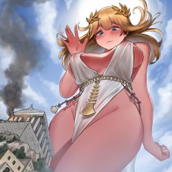 Rule 34 | 1girl, :3, artist name, blonde hair, blue eyes, blush, breasts, building, day, female focus, giant, giantess, greco-roman clothes, highres, kkasi00, large breasts, laurel crown, legs together, long hair, looking down, no panties, original, outdoors, pelvic curtain, roman clothes, see-through, smoke, temple, thighs, waving