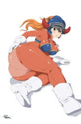 1girl armor ass bigwednesday bodystocking breasts brown_eyes cleavage curvy dragon_quest dragon_quest_i fake_horns foot_out_of_frame genderswap genderswap_(mtf) gloves helmet hero_(dq1) highres horned_helmet horns large_breasts long_hair looking_at_viewer open_mouth orange_hair panties panties_under_pantyhose pantyhose simple_background solo underwear white_background wide_hips