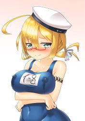 Rule 34 | 10s, 1girl, arm wrap, blonde hair, blue eyes, blush, breast rest, breasts, crossed arms, embarrassed, glasses, hair ribbon, hat, highres, i-8 (kancolle), kantai collection, lactation, lactation through clothes, large breasts, looking at viewer, low twintails, name tag, nipples, one-piece swimsuit, peaked cap, pink background, red-framed eyewear, ribbon, sailor hat, school swimsuit, semi-rimless eyewear, solo, swimsuit, twintails, under-rim eyewear, yonkuron