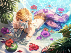 Rule 34 | 1boy, absurdres, ass, barefoot, blonde hair, blue eyes, crossdressing, detached sleeves, flower, gerudo set (zelda), hibiscus, highres, huge filesize, link, looking at viewer, lying, male focus, mouth veil, nintendo, ninto, on side, palm leaf, pointy ears, shade, solo, the legend of zelda, the legend of zelda: breath of the wild, toes, trap, veil, water, wet