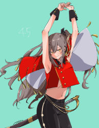 Rule 34 | 1girl, armpits, arms up, artist name, black pants, brown hair, character name, citron80citron, commentary request, cowboy shot, girls&#039; frontline, green background, highres, looking at viewer, midriff, navel, official alternate costume, one side up, pants, red shirt, saber (weapon), scar, scar across eye, scar on face, sheath, sheathed, shirt, sidelocks, sleeveless, sleeveless shirt, smile, solo, sword, ump45 (girls&#039; frontline), ump45 (penrose spiral) (girls&#039; frontline), weapon, wrist cuffs, yellow eyes