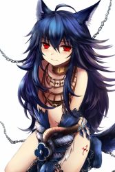 Rule 34 | 10s, 1girl, ahoge, animal ears, bdsm, blue hair, bondage, bound, bound arms, chain, eru (clover 2005), erune, fenrir (shingeki no bahamut), granblue fantasy, jewelry, long hair, maho moco, necklace, red eyes, simple background, solo, tail, white background, wolf ears, wolf tail