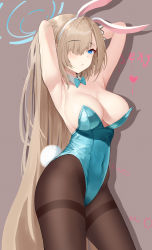 Rule 34 | 1girl, absurdres, animal ears, armpits, arms behind head, arms up, asuna (blue archive), asuna (bunny) (blue archive), blue archive, blue bow, blue bowtie, blue leotard, blush, bow, bowtie, breasts, brown background, brown hair, brown pantyhose, chinese commentary, cleavage, closed mouth, commentary request, covered navel, detached collar, english text, closed eyes, fake animal ears, fake tail, hair over one eye, hairband, halo, heart, highleg, highleg leotard, highres, large breasts, leotard, long hair, looking at viewer, mixed-language commentary, pantyhose, playboy bunny, rabbit ears, rabbit tail, simple background, solo, strapless, strapless leotard, tail, thighband pantyhose, traditional bowtie, very long hair, white hairband, zim-o (2cy520)